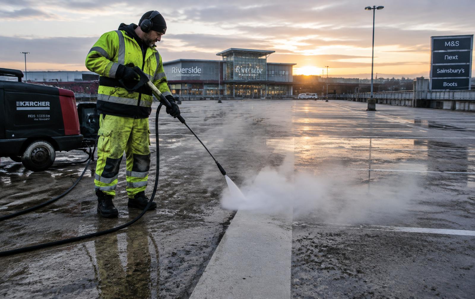 Hot water pressure cleaning a commercial car park